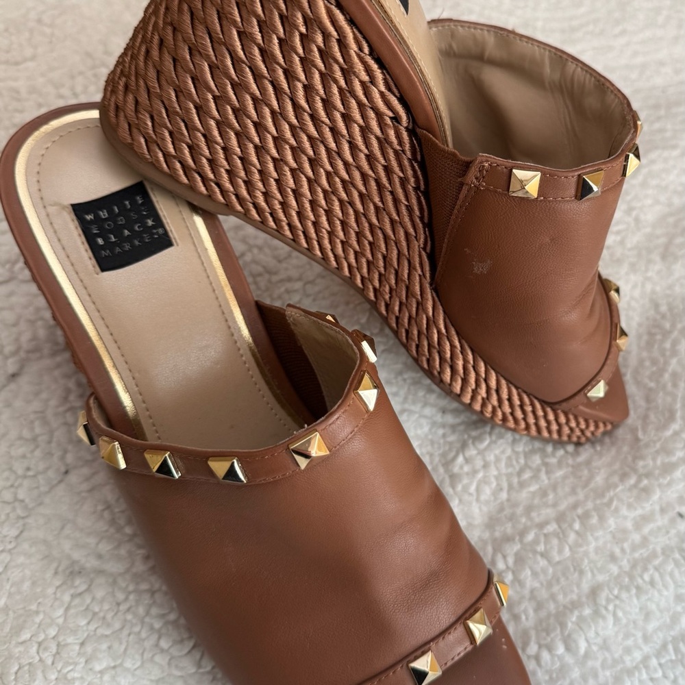 White House Black Market Tan Wedge Sandals with Gold Studs